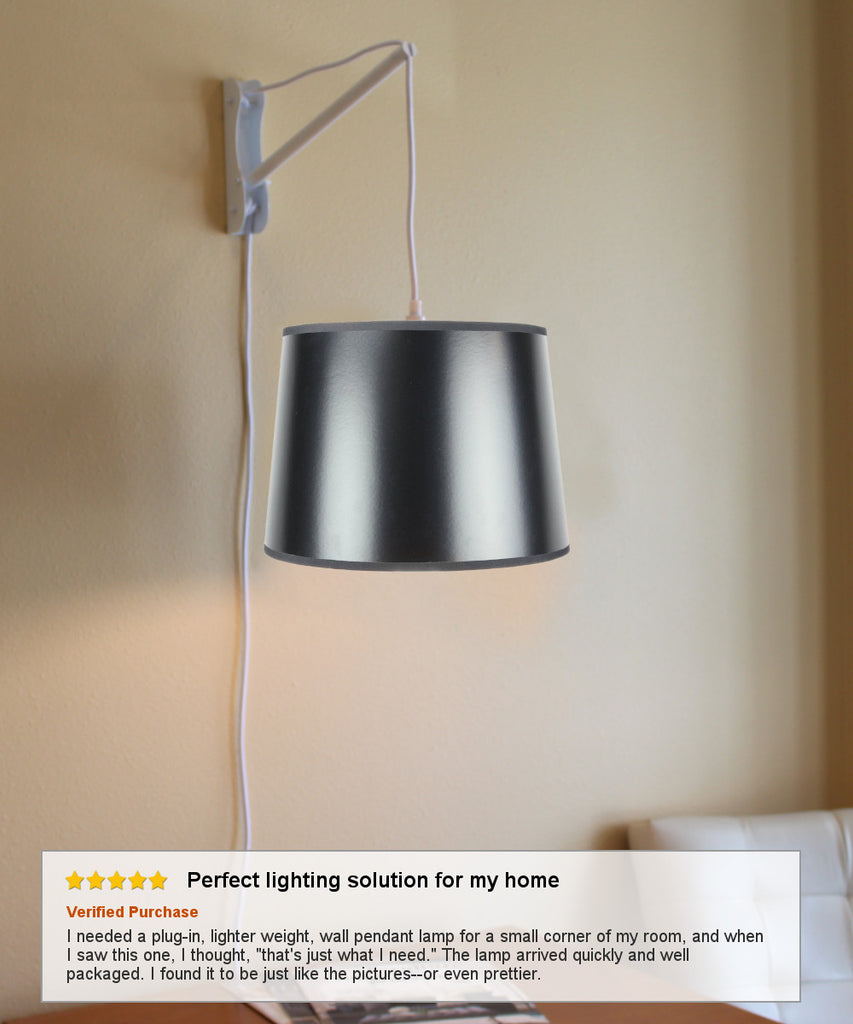 MAST Plug-In Wall Mount Pendant, 2 Light White Cord/Arm with Diffuser, Black Gold-Lined Shade 12x14x10