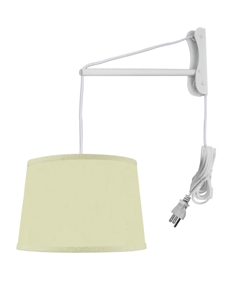 MAST Plug-In Wall Mount Pendant, 1 Light White Cord/Arm, Drum Egg Shell Shantung Shade 10x12x08