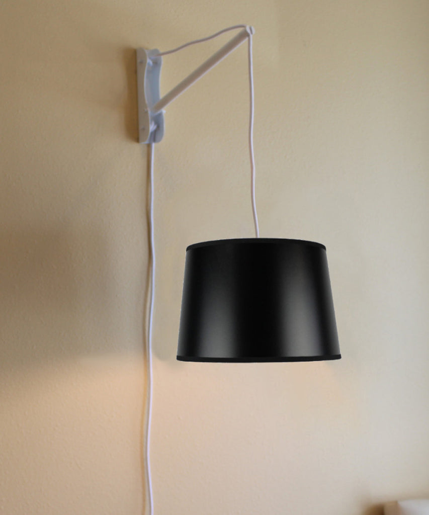 MAST Plug-In Wall Mount Pendant, 1 Light White Cord/Arm, Black Shallow Drum Shade 10x12x08