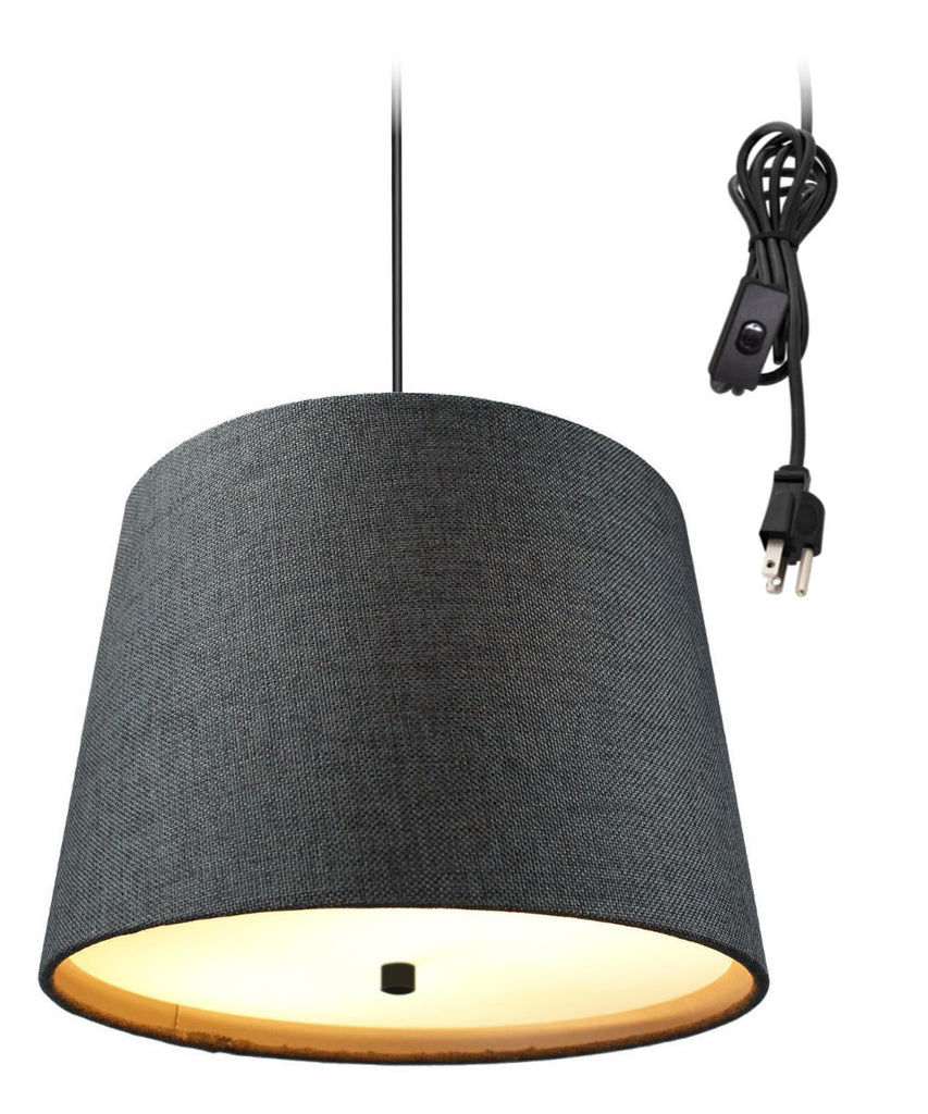 2 Light Swag Plug-In Pendant 14"w Drum Granite Gray Burlap with Diffuser, Black Cord