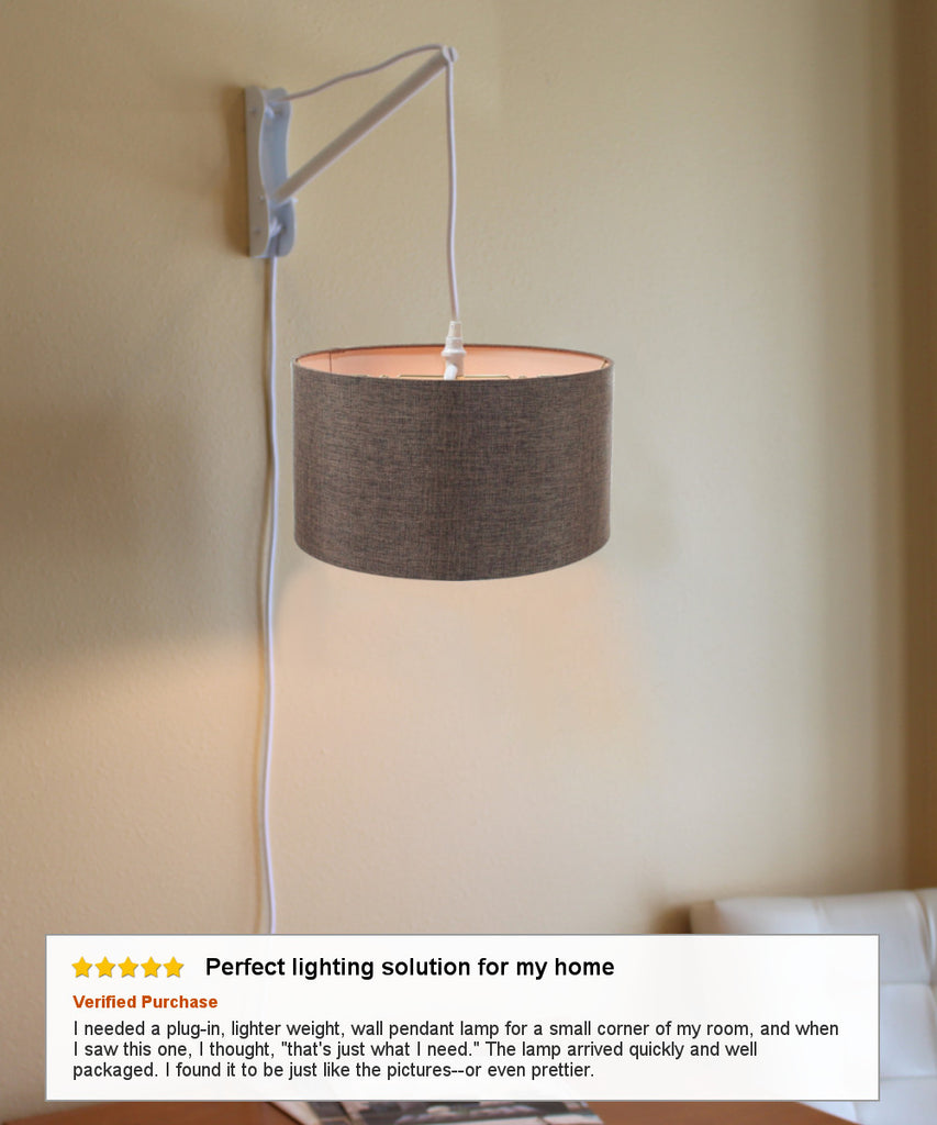 MAST Plug-In Wall Mount Pendant, 2 Light White Cord/Arm with Diffuser, Chocolate Burlap Shade 14x14x07