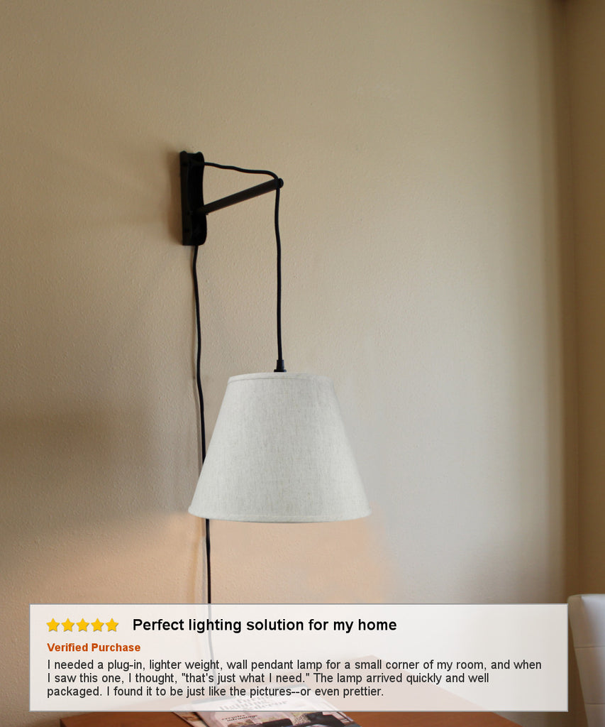 MAST Plug-In Wall Mount Pendant, 1 Light Black Cord/Arm, Textured Oatmeal Shade 09x16x12