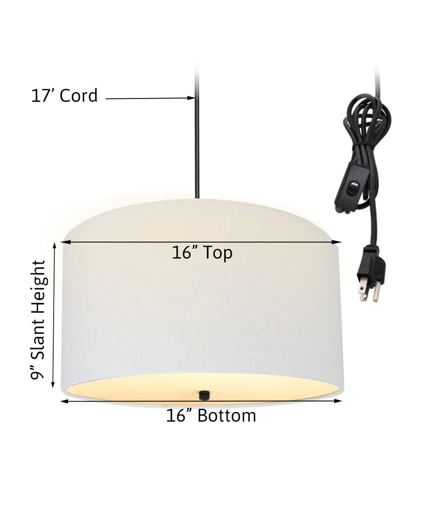 2 Light Swag Plug-In Pendant 16"w White Linen Drum with Diffuser, Black Cord
