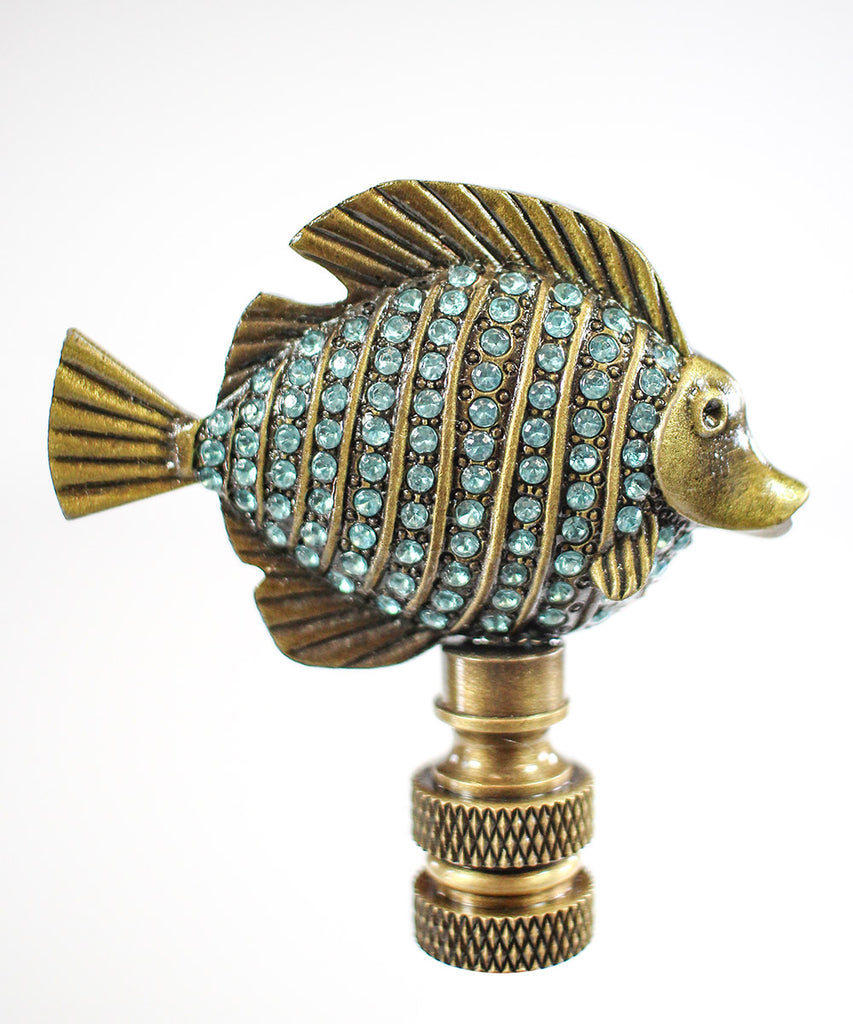 Tropical Fish Lamp Finial with Aegean Blue Glass Antique Brass Finish 2.25"h