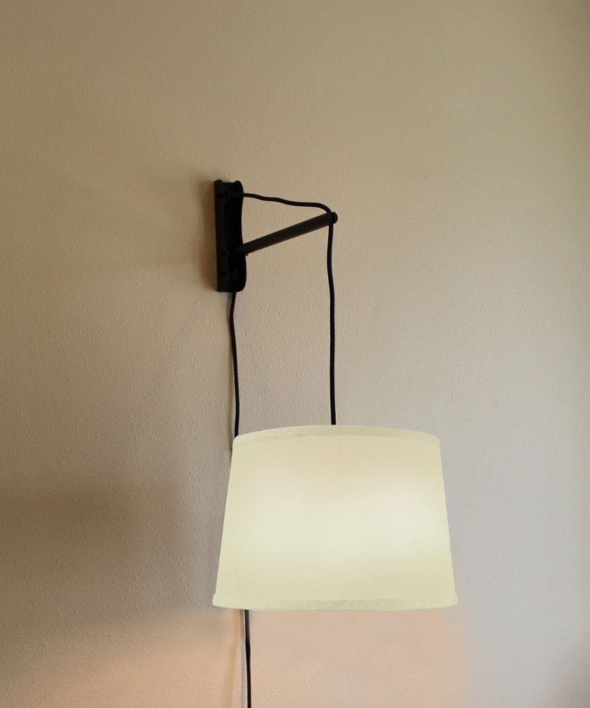 MAST Plug-In Wall Mount Pendant, 1 Light Black Cord/Arm, Drum Egg Shell Shantung Shade 10x12x08