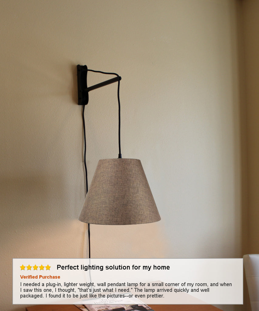 MAST Plug-In Wall Mount Pendant, 1 Light Black Cord/Arm, Chocolate Burlap Shade 08x16x12