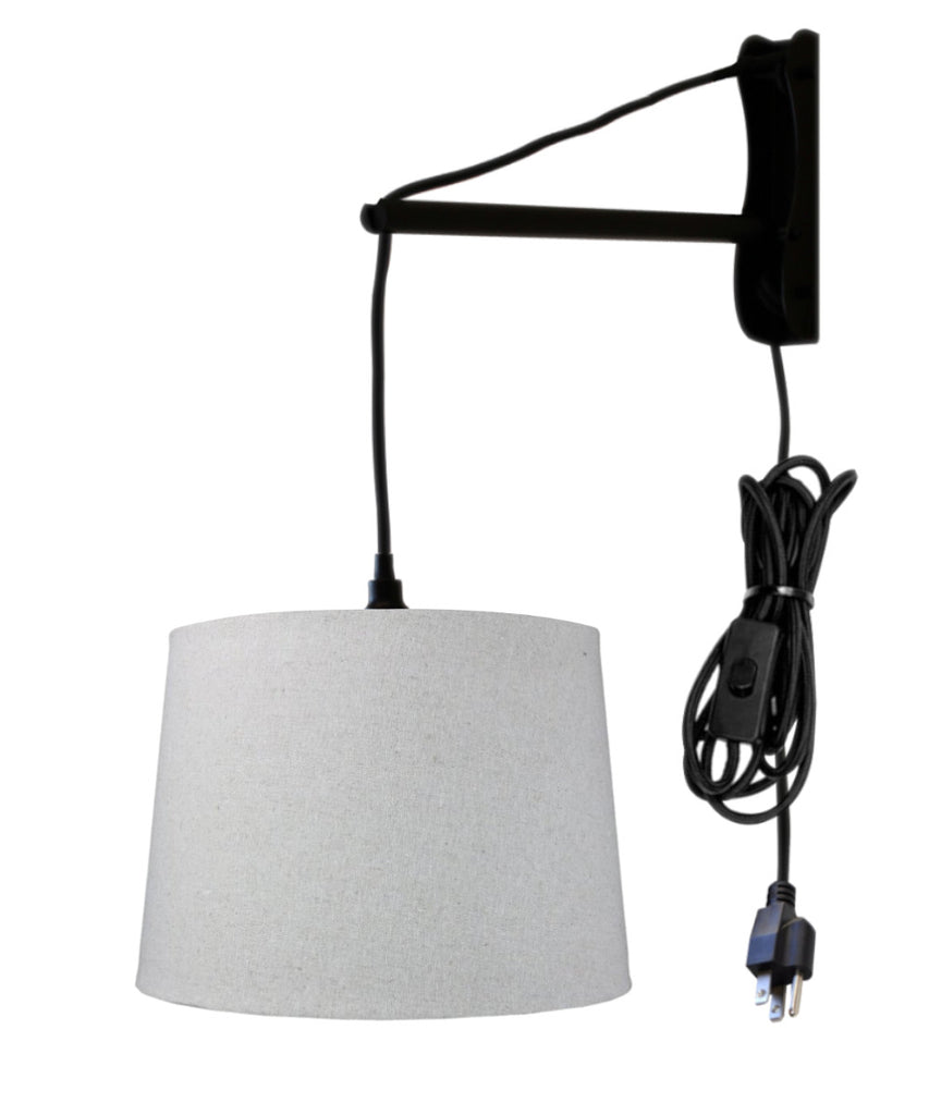 MAST Plug-In Wall Mount Pendant, 1 Light Black Cord/Arm, Sand Linen Shade 12x14x10
