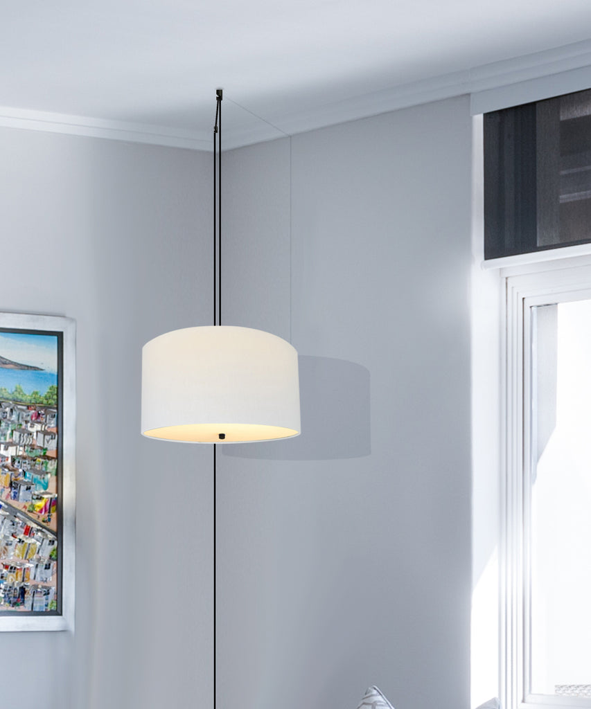 2 Light Swag Plug-In Pendant 16"w White Linen Drum with Diffuser, Black Cord