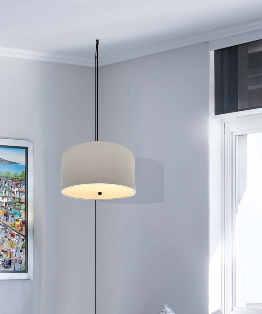 2 Light Swag Plug-In Pendant 16"w Light Oatmeal Linen Drum with Diffuser, Black Cord