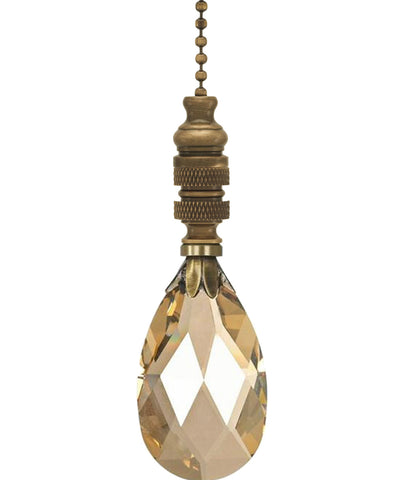 Stephanov Crystal Large Champagne Teardrops Ceiling Fan Pull, 2.75"h with 12" Antiqued Brass Chain