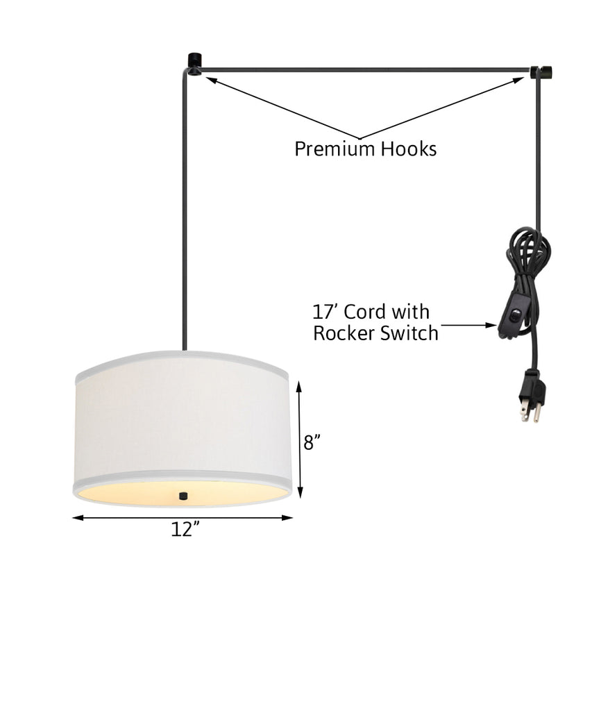 2 Light Swag Plug-In Pendant 18"w White Linen with Diffuser, Black Cord