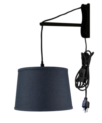 MAST Plug-In Wall Mount Pendant, 1 Light Black Cord/Arm, Shallow Drum Textured Slate Blue Shade, 14x16x10