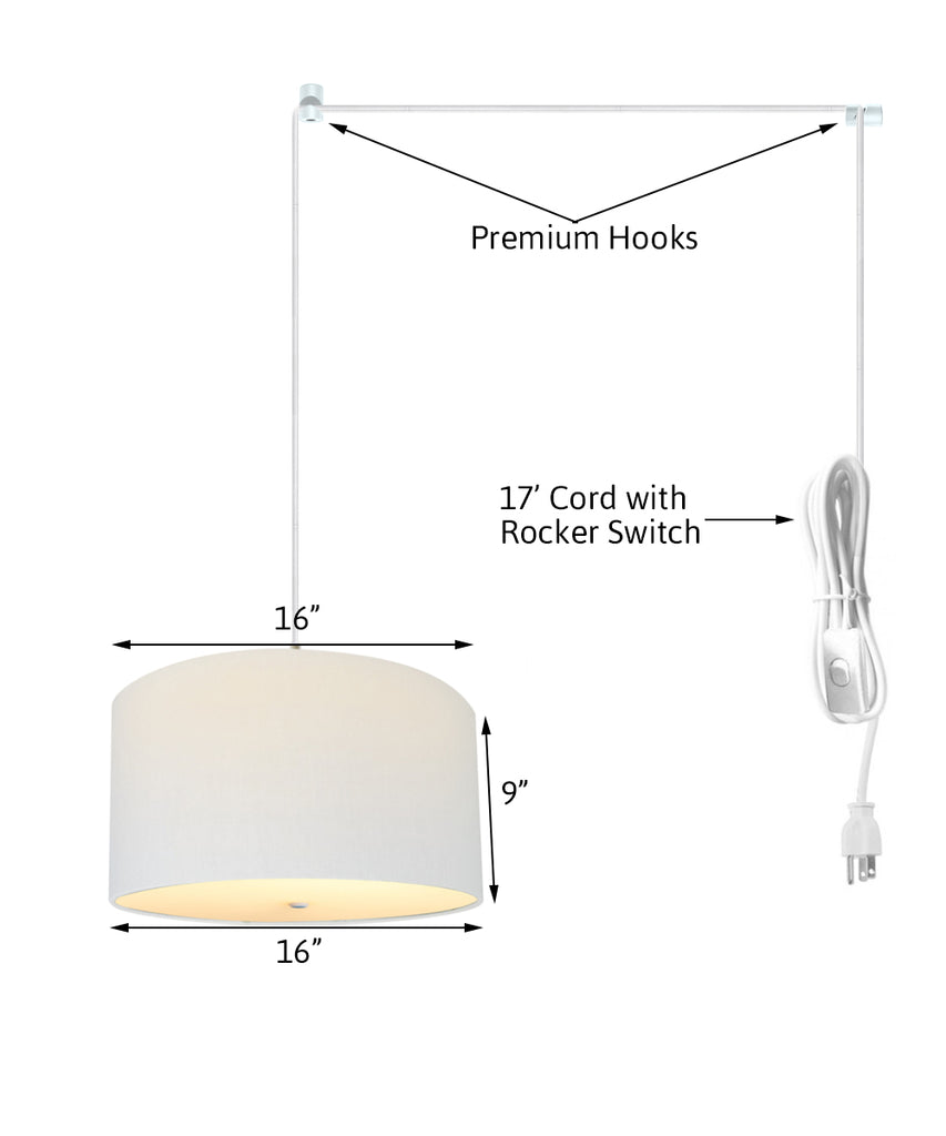 2 Light Swag Plug-In Pendant 16"w White Linen Drum with Diffuser, White Cord