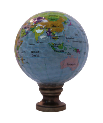 Earth Globe Lamp Finial, Blue Water with Colored Land Pattern, 2.25"h
