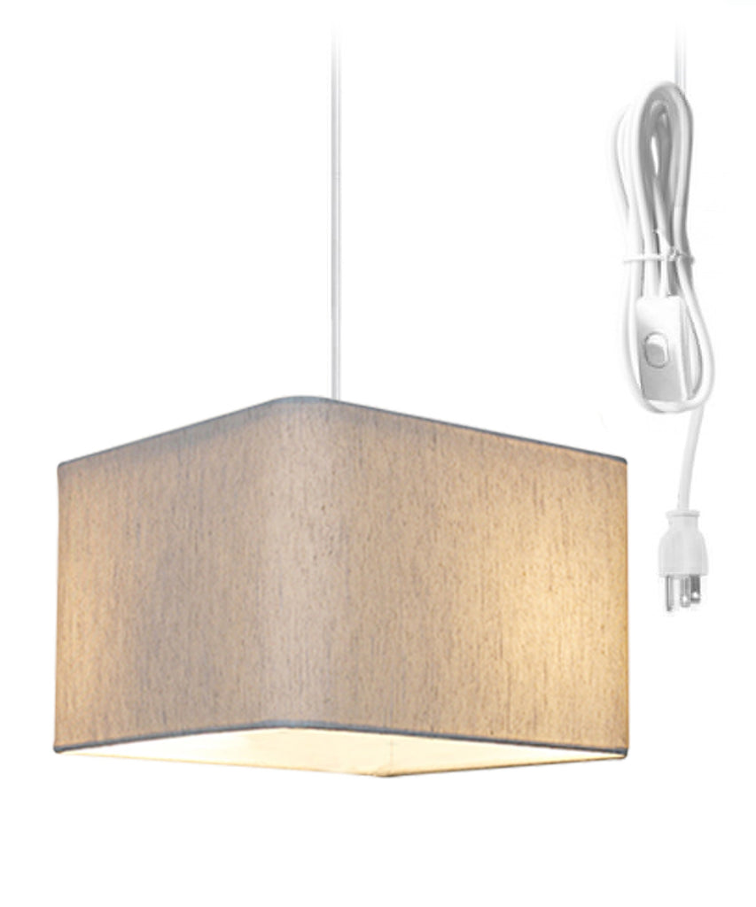 1 Light Swag Plug-In Pendant 14"w Rounded Corner Square Oatmeal Drum Shade, White Cord