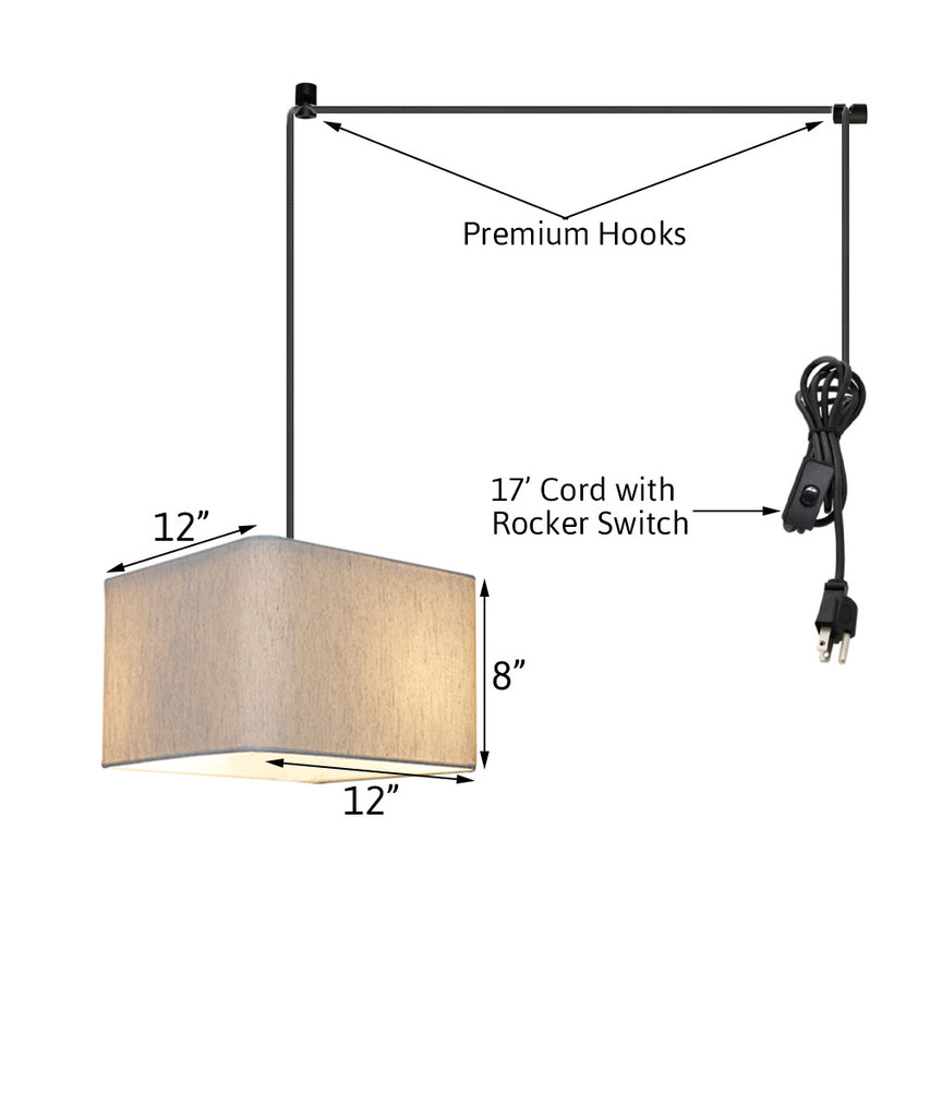 1 Light Swag Plug-In Pendant 14"w Rounded Corner Square Oatmeal Drum Shade, Black Cord