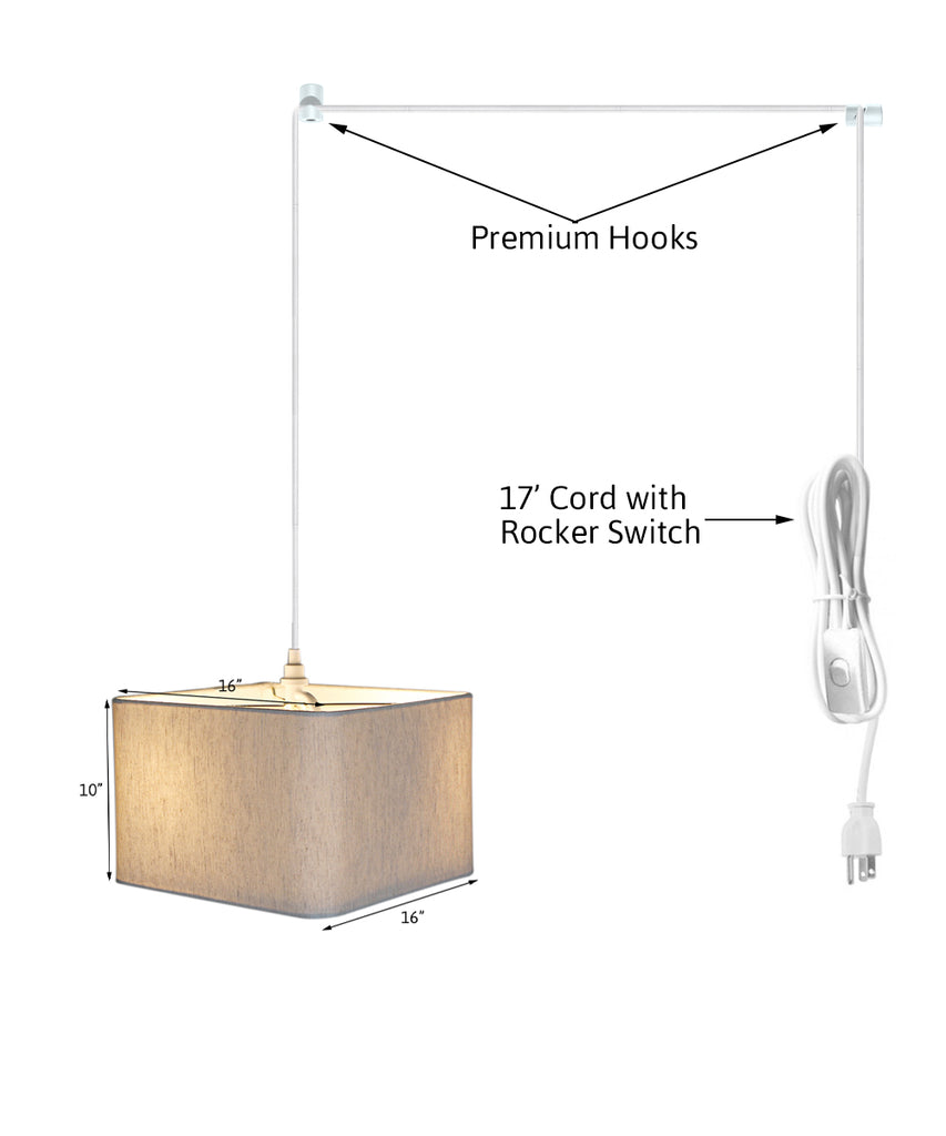 2 Light Swag Plug-In Pendant 16"w Rounded Corner Square Oatmeal Drum Shade with Diffuser, White Cord