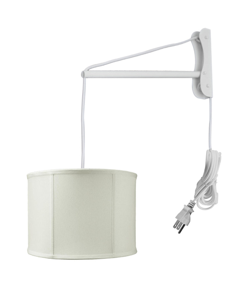 MAST Plug-In Wall Mount Pendant, 2 Light White Cord/Arm with Diffuser, Light Oatmeal Drum Shade 14x14x10