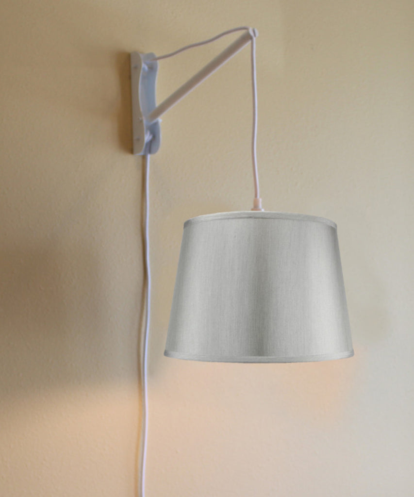 MAST Plug-In Wall Mount Pendant, 2 Light White Cord/Arm with Diffuser, Hard Back Silver Grey Shade 13x16x11