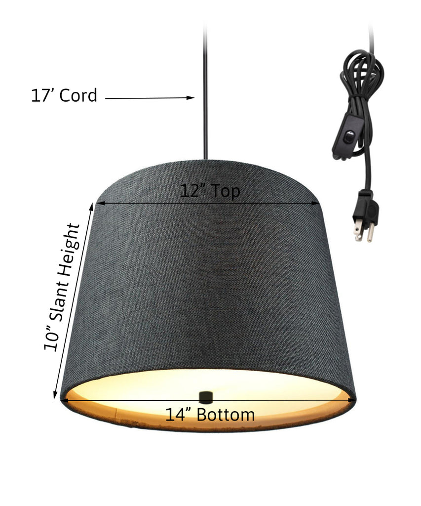 2 Light Swag Plug-In Pendant 14"w Drum Granite Gray Burlap with Diffuser, Black Cord