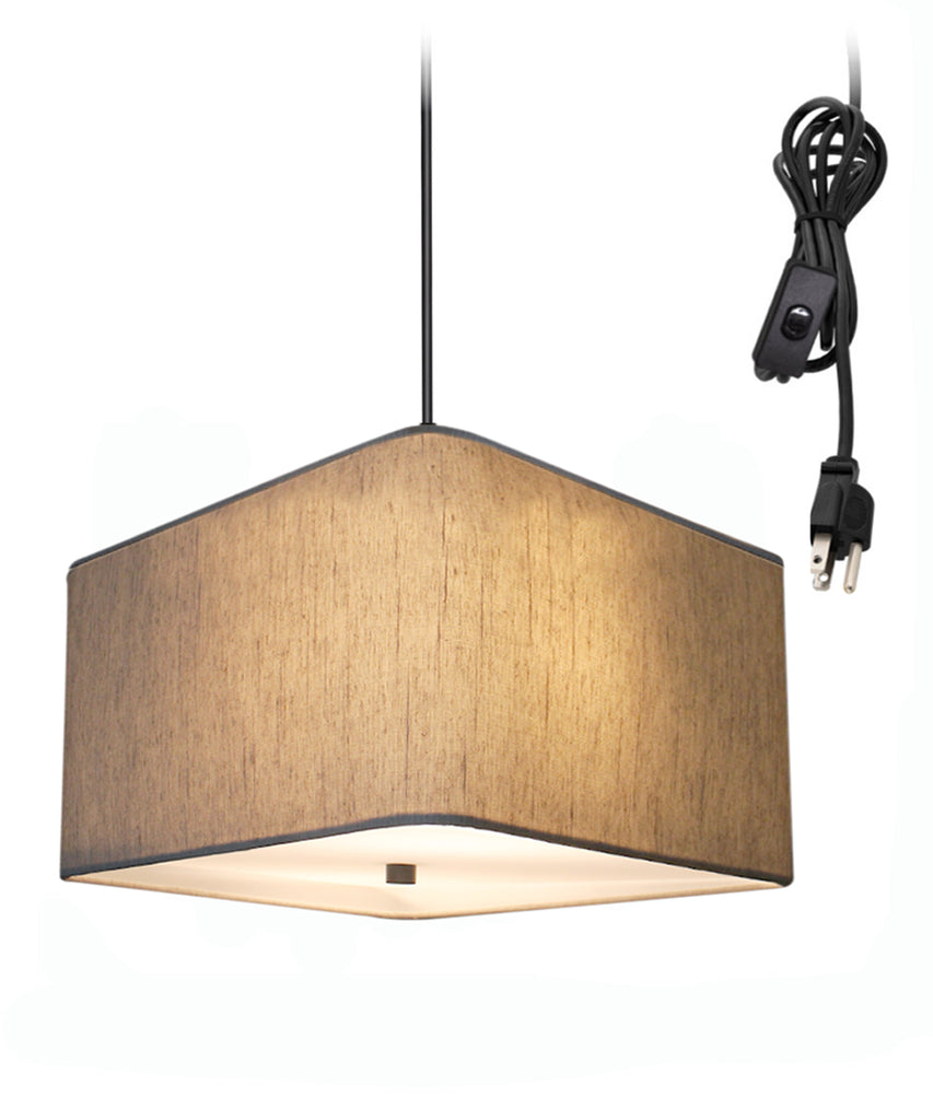 2 Light Swag Plug-In Pendant 16"w Rounded Corner Square Oatmeal Drum Shade with Diffuser, Black Cord