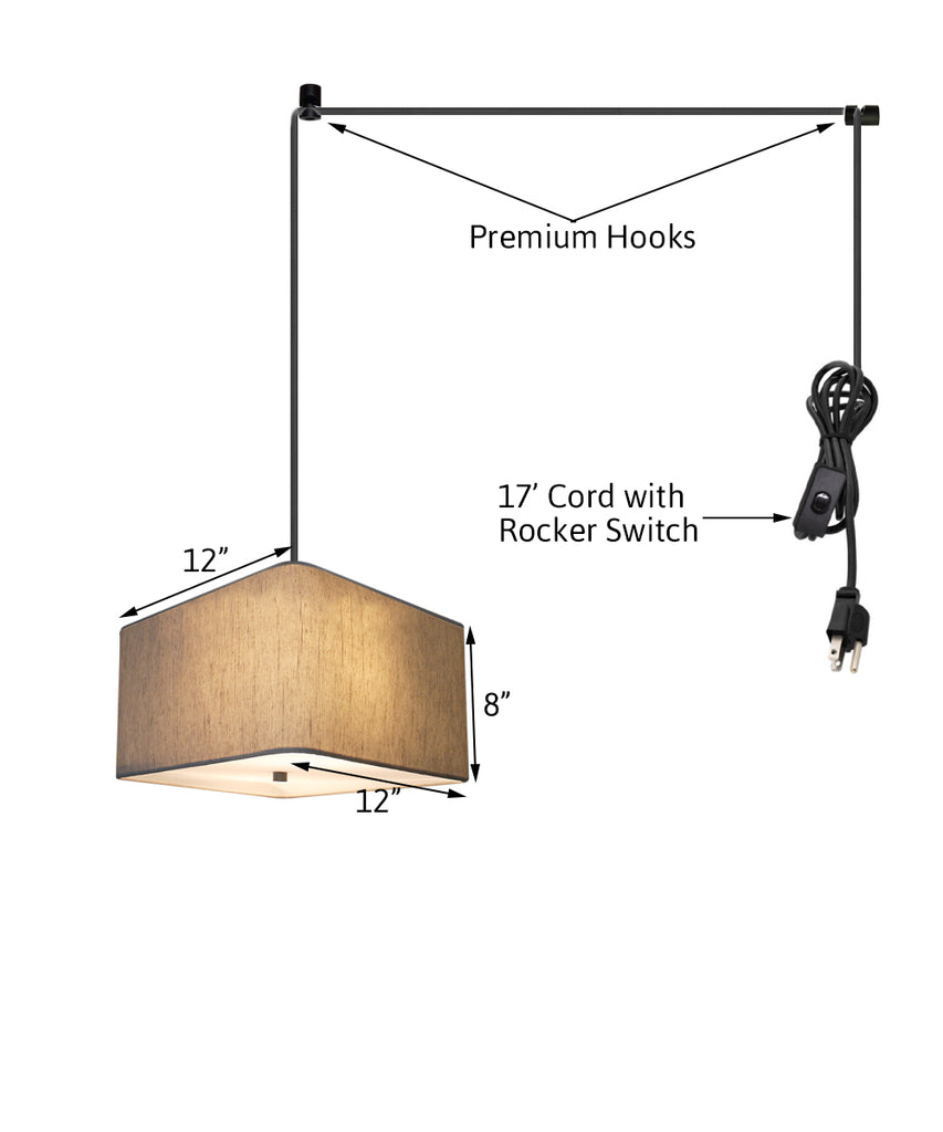 2 Light Swag Plug-In Pendant 14"w Rounded Corner Square Oatmeal Drum Shade with Diffuser, Black Cord