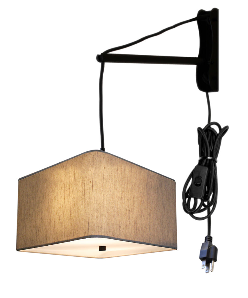MAST Plug-In Wall Mount Pendant, 2 Light White Cord/Arm with Diffuser, Rounded Corner Square Oatmeal Drum Shade 12"W
