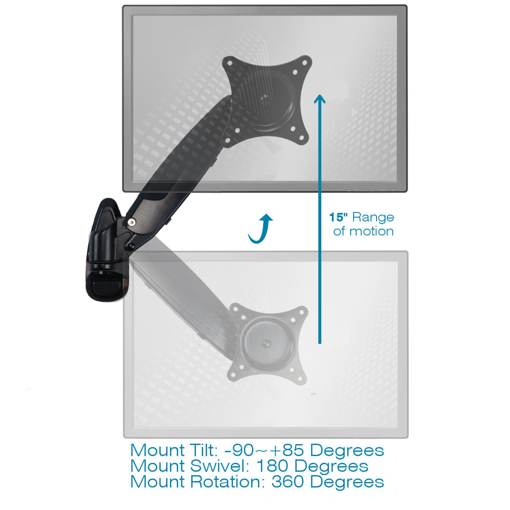 Sit-Stand Wall Mount Monitor Arm: Standard Single Screen Black