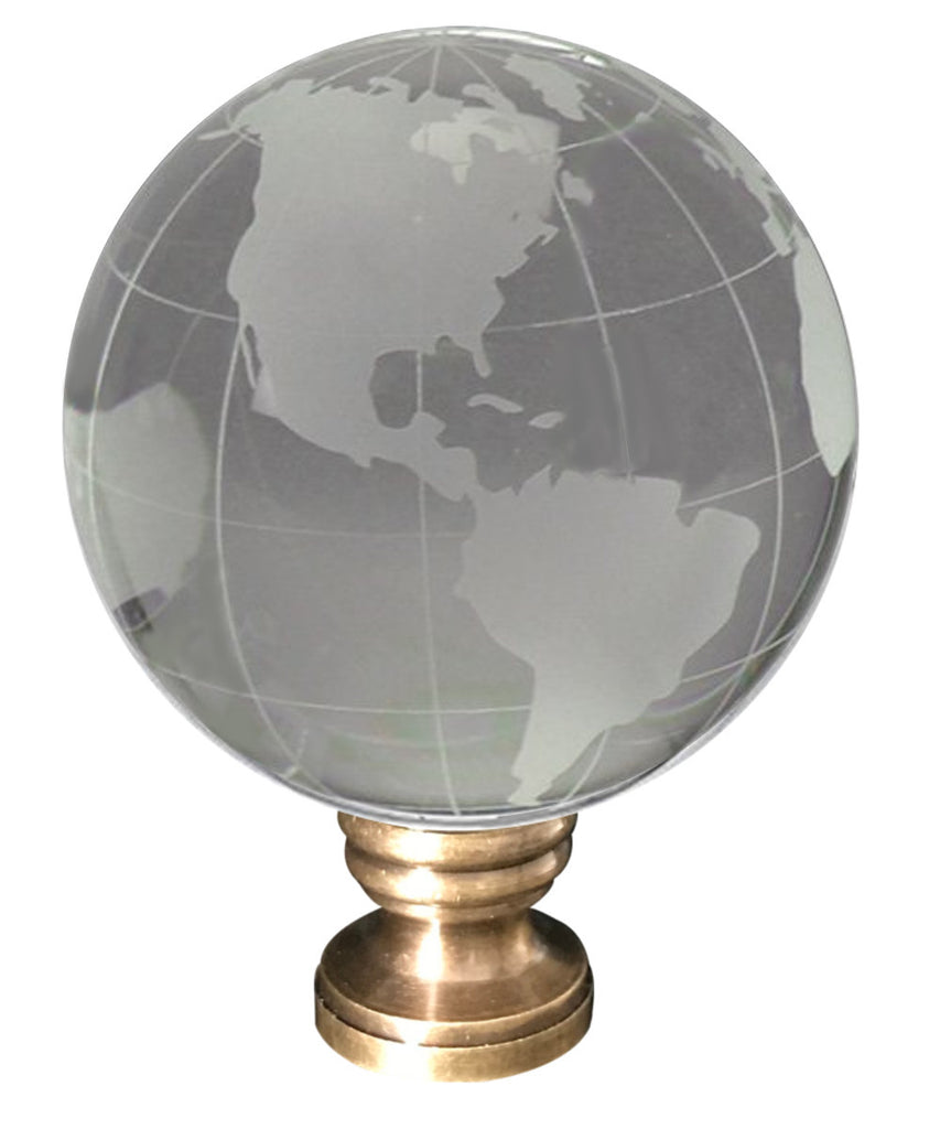 Frosted Crystal Clear Globe Earth Lamp Finial Antiqued Brass Base 3"h