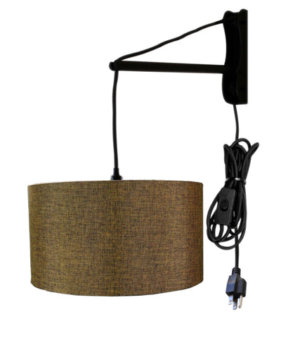 MAST Plug-In Wall Mount Pendant, 1 Light Black Cord/Arm, Chocolate Burlap Hardback Drum Shade 14x14x07