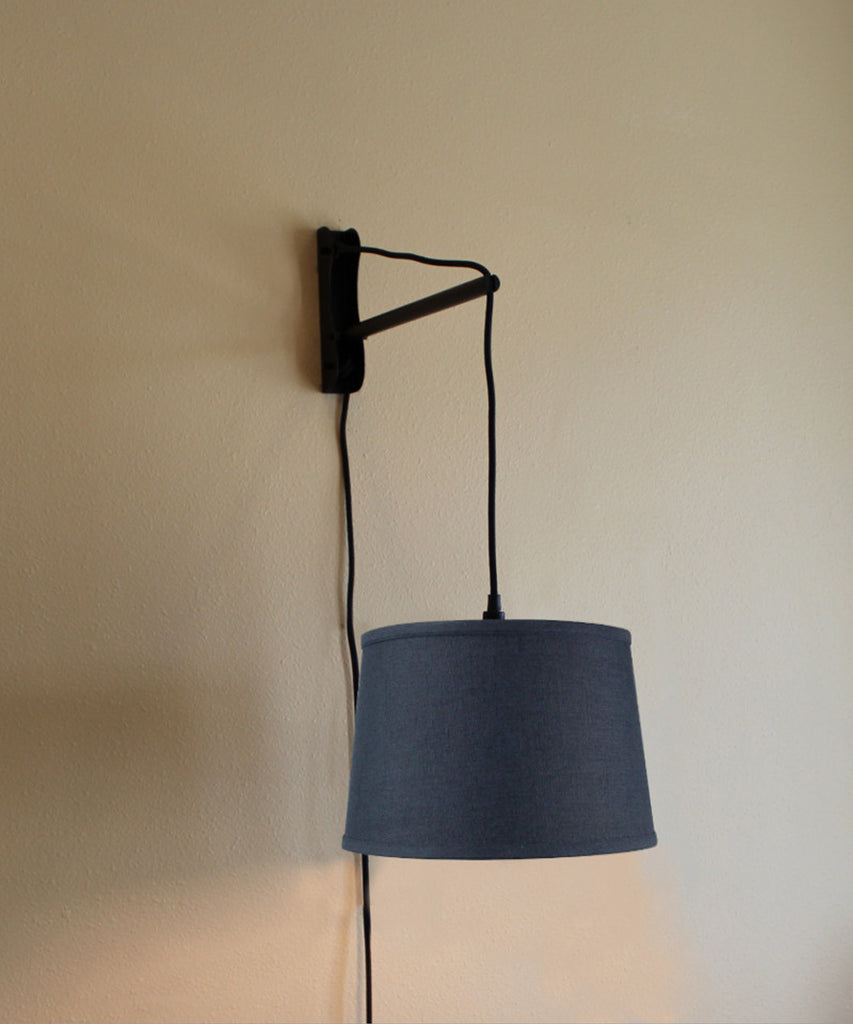 MAST Plug-In Wall Mount Pendant, 1 Light Black Cord/Arm, Shallow Drum Textured Slate Shade 10x12x8