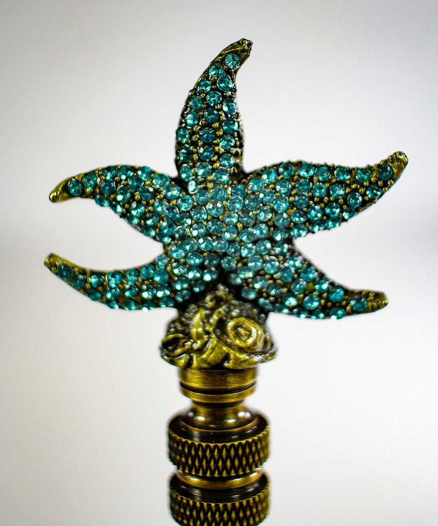 Starfish with Aegean Blue Glass Lamp Finial Antique Metal 2.5"h