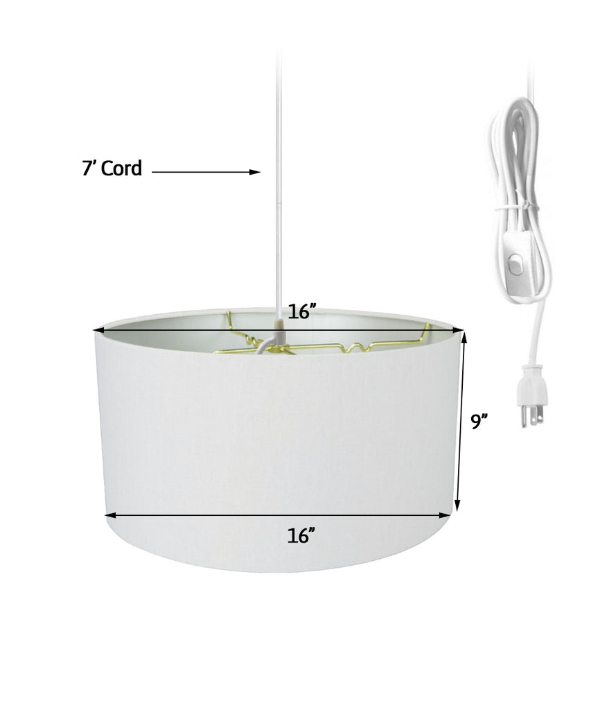 1 Light Swag Plug-In Pendant 16"w White Linen Drum Shade, 17' White Cord