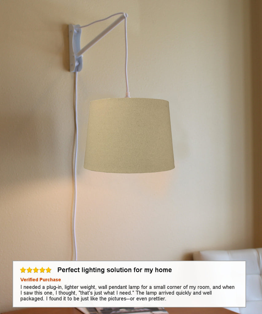 MAST Plug-In Wall Mount Pendant, 2 Light White Cord/Arm with Diffuser, Sand Linen Shade 12x14x10